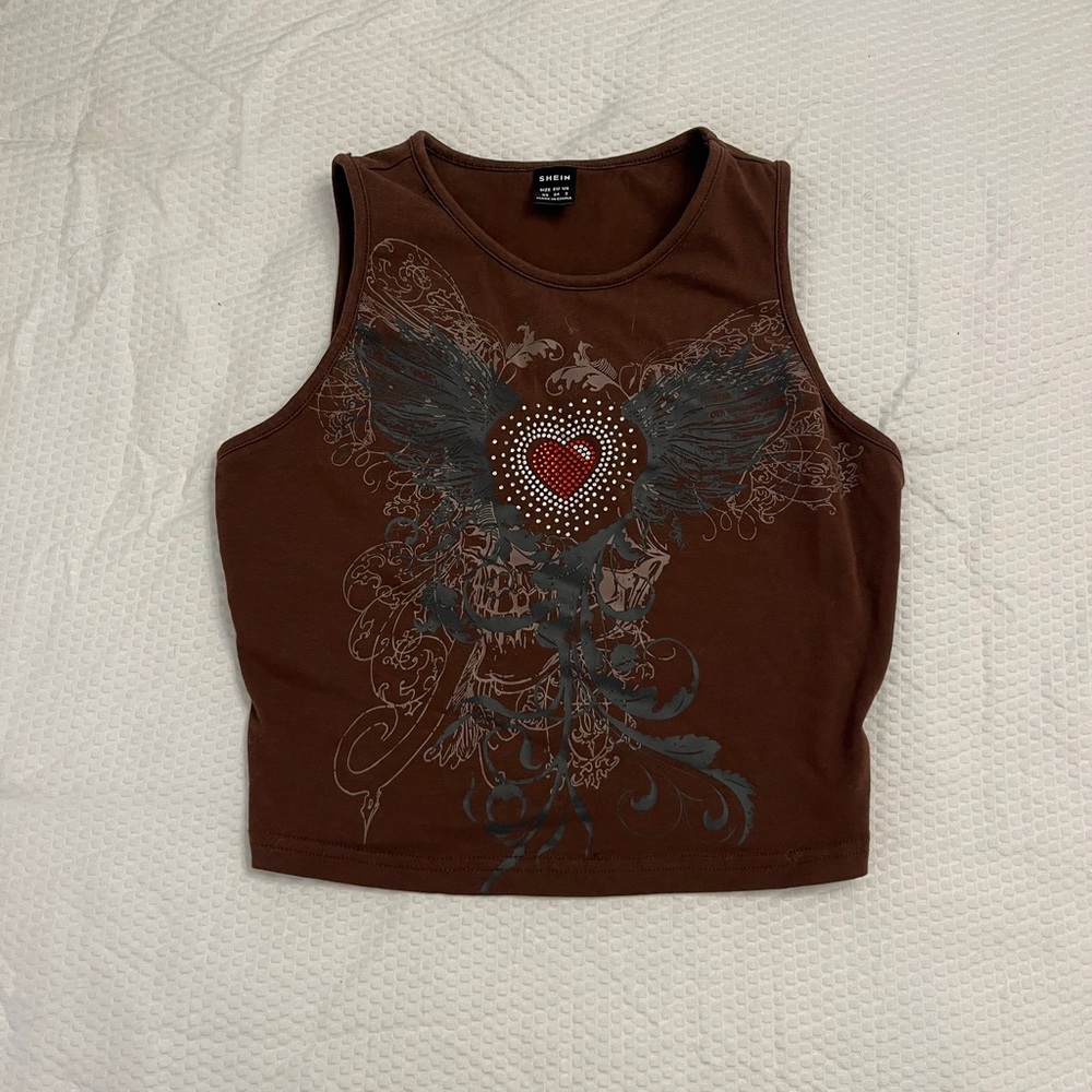 Brown Vintage Vibes Heart Embellished Brown Tank Top